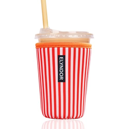 Image of Reusable Insulated Sleeve for Iced Coffee Cup, Coffee Neoprene Sleeve for Cold & Hot Drinks, Beverage Holder for Iced Coffee (Red Stripes, Small: 16-18oz)