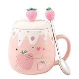Süße Erdbeerbecher Rosa Kaffeetasse Keramik Kawaii Tasse für Morgentee Milch Obstbecher mit schönem Deckel und Löffel Kreative Neuheit Geburtstag Weihnachten für Liebhaber Mädchen 500ml… (B)