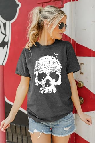Skull Shirts for Women Gothic Skeleton Print Vintage Graphic Casual Cotton Tops Funny Workout Athletic Shirts4