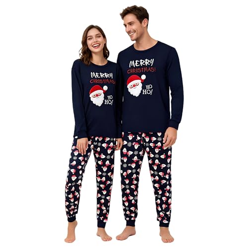 SkiBeaut Christmas Couple Pajamas Sets Long Sleeve Holiday Sleepwear Festival Party Pjs Set for Men Women Xmas Long Johns Cute Embroidered Santa Claus Tops and Pants