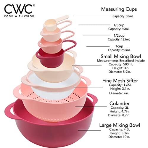 Cook With Color 8 Piece Nesting Bowls With Measuring Cups Colander And Sifter Set - Includes 2 Mixing Bowls, 1 Colander, 1 Sifter And 4 Measuring Cups, Rose #TOP2