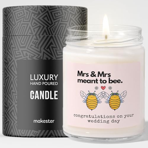 Mrs and Mrs Wedding Gifts - Luxury Soy Wax Candle - Vanilla, Jasmine, Sugared Almond - Makester