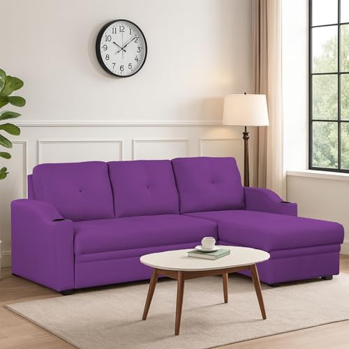 Image of Casaliving Ravonna RHS 4 Seater L Shape Corner Sofa Cum Bed for Living Room (Purple Fabric) Premium Fabric Sofa