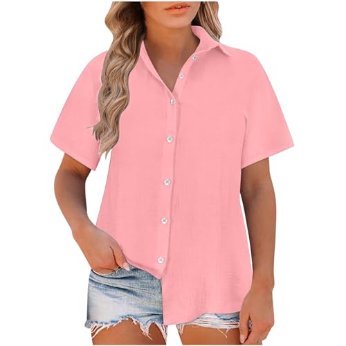 HAOLEI Ladies Linen Tops 2026 - Womens Cotton Linen T-Shirt UK Elegant Tee Shirts Button Down Summer Lapel Short Sleeve Casual Smart Office Work Tunic Tops Collared Blouses Plus Size 8-22 Pink