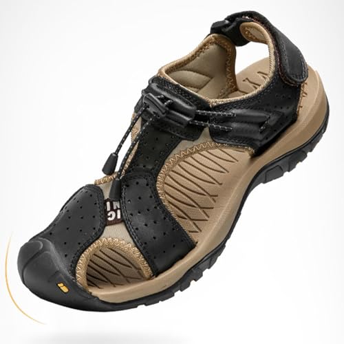 MILDSEVEN Handmade Men's Classics Hiking Sandals, Large Size Fashion Real Leather Closed Toe Sandals, Breathable Outdoor Backpacking Beach Shoes,11.5,Black2