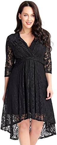 ACKKIA Women's V Neck High Waist Floral Lace Overlay High Low A Line Cocktail Dress