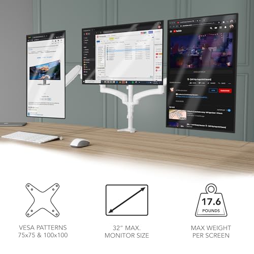 Mount-It! Triple Monitor Stand for Desk, 3 Arm Monitor Mount with Gas Spring Height Adjustment, Fits 13–32 Inch Screens up to 17.6 lbs per Arm, VESA 75x75 & 100x100, Clamp-On Desk Installation, White by Mount-It! - Image 5