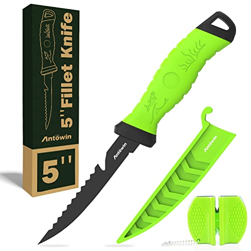 Antowin 5 Inch Fishing Fillet Knife, Professional Level Knives For Filleting Fish And Boning Meat, Sharp Stainless-Steel Non-Stick Coating Blade, Non-Slip Handles, With Stage Knife Sharpener #TOP1