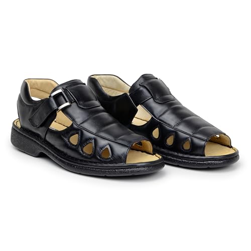 Sandália Masculina Anti - Stress Ortopédica Diabético Couro Carneiro Sola PU GEL (Preto, BR, Adulto,