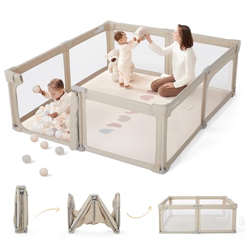 Image of Sweeby Baby Playpen, 59x59 Inch Baby Gate Playpens for Babies and Toddlers, Extra Large Playpen with Door Play Yard for Fence Indoor and Outdoor Play Pen, Oat Khaki