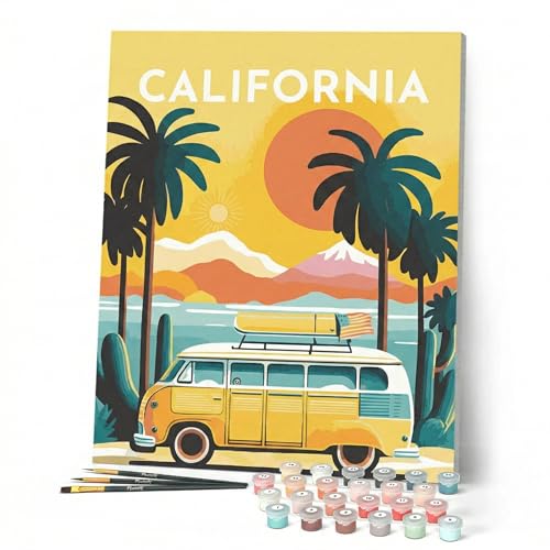 Figured'Art Peinture par Numéro Adulte avec Cadre - 40x50cm Toile tendue sur Châssis - Kit Loisir Créatif Détente - Déco DIY - Vintage Californie