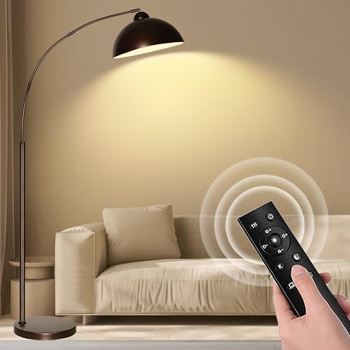 Arc Floor Lamps for Living Room, Modern Tall Standing Lamp Remote Control,Stepless Dimmable Black Floor Lamp with Hanging Metal Shade, Over Couch Arched Reading Light for Bedroom, Office (Brown)