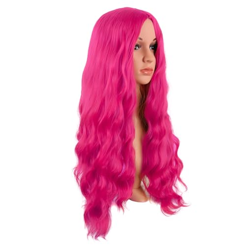 Image of MapofBeauty 28 Inch /70 cm Long Wavy Middle Part with No Bangs Synthetic Fiber Curly Fashion Women Party Cosplay Wig (Hot Pink)
