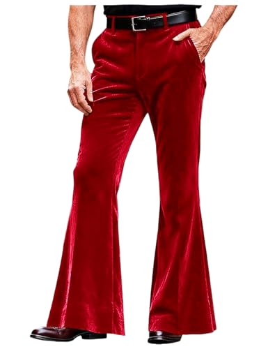 Mens Shiny Velvet Dress Pants Plain Dancing Stage Performance Trousers Holiday Bell Bottoms Red Size S