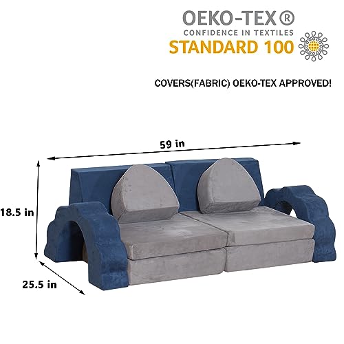 Flower Kids Play Couch 10PCS Toddler Couch High Density Foam Sectional Sofa Playroom Kids Furniture for Girls and Boys Bedroom (Blue)