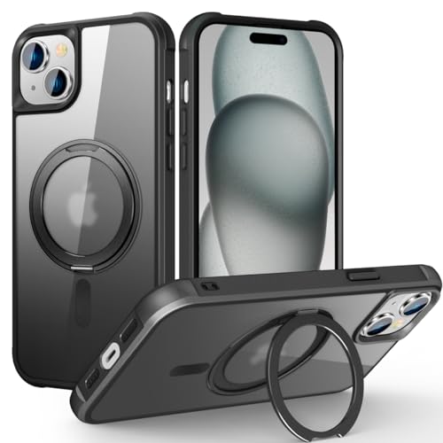 Hensione Magnetic for iPhone 15 Case with 360° Ring Stand, [Compatible with MagSafe], [Military Grade Shockproof], Slim Shockproof Translucent Matte Protective Phone Cover for iPhone 15, Black -  ZYK0044-01