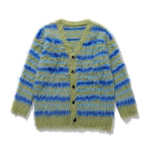 V-Neck Striped Cardigan Sweater Green Women Knitted Coat Imitation Velvet Thickened Warm Relaxed Casual Sweet