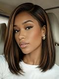 UNICE 7x5 Bye Bye Slip Bob Wig Human Hair, Glueless Pre Plucked Pre Cut Lace Front Wig, Yaki Straight Black with Caramel Highlights, Side Part 150% Density Drawstring Wig for Women Beginners 12inch