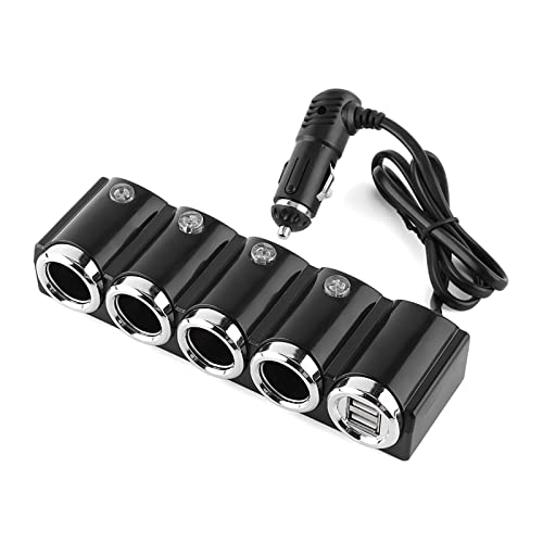 AUTO - Adaptador de corriente divisor de cigarrillos de coche, salida de CC, 4 enchufes, puertos de carga USB duales, 12 V/24 V, 120 W con interruptor separado LED azul para teléfono celular, cámara