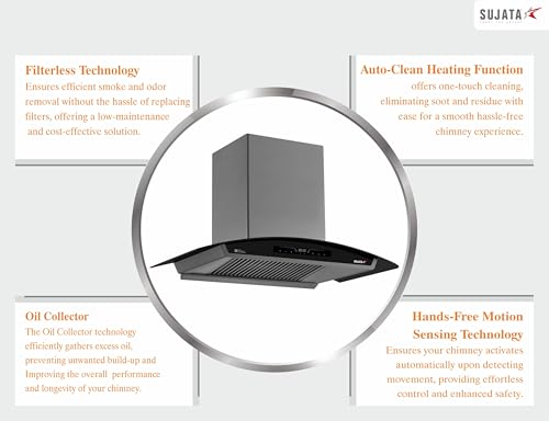 Image of Sujata 90cm Auto Clean Kitchen Chimney | 15 Years BLDC Motor Warranty & 5 Years Comprehensive Warranty | 13 Gesture & Touch Control, Powerful Suction, Low Noise, Wall Mounted, LED Panel(Quartz-Black)