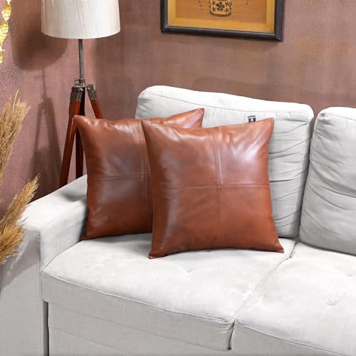 QAWACH Lambskin Leather Pillow Cover - Sofa Cushion Case - Decorative Throw Covers for Living Room or Bedroom 14" x 14" - Tan Antique Plain (02) Pack of 2 by QAWACH - Image 7