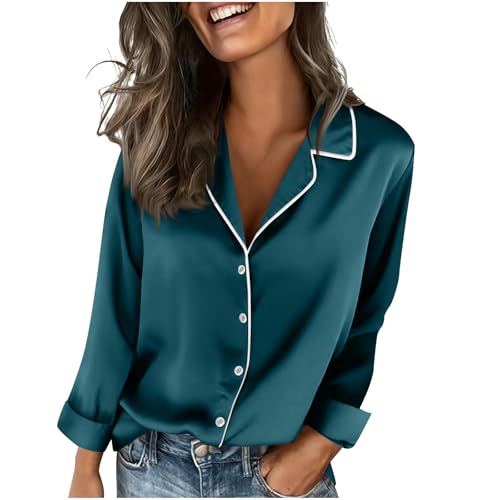 Women's Long Sleeve Satin Blouse Notch Lapel Silk Button Down Shirt Business Casual Outfits Pajama Style Office Top A01 Dark Blue X-Large
