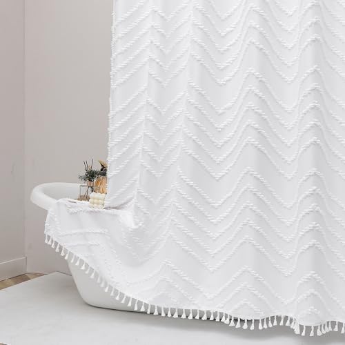 OWENIE White Fabric Shower Curtain, Boho Shower Curtains for Bathroom