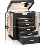 AKOZLIN 6-Tier Jewelry Box Lockable Leather Jewelry Storage Case with 5 Drawers for Women Girls Ring Necklace Earring Bracelet Holder Organizer with Mirror