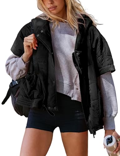 Womens Quilted Puffer Vest Poncho Short Sleeve Hooded Zip Up Padded Jacket Gilet Coat with Pockets