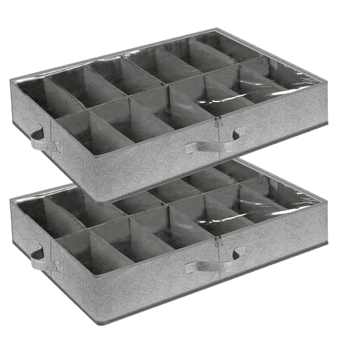 KITERI Underbed Shoe Storage Bag with Clear Lid, 2 Pack Under Bed Shoe Storage Organiser Foldable Underbed Shoe Box Large Under Bed Shoes Bag With Divider Zipper for Shoes Clothes, Fits 24 Pairs