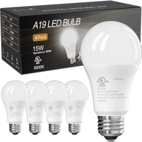 Image of TJOY LED Light Bulbs, 100 Watt Equivalent A19, 5000K Daylight LED Bulb, 15W Bright White Energy Saving Lightbulbs with E26 Standard Base, 1500 Lumens Non Dimmable Lamp for Home Bedroom Indoor, 4 Pack