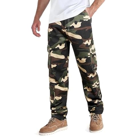zeetoo Mens Relaxed-Fit Cargo Pants Multi Pocket Military Camo Combat Work Pants GZ03 Khaki Camo Cover