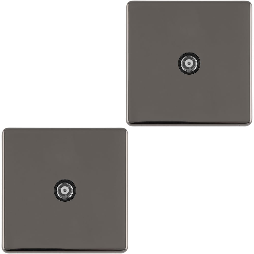2 Pack 1 Gang Single TV Coaxial Aerial Socket SCREWLESS Black Nickel Wall Plate - Decorative Television Coax Face Plate