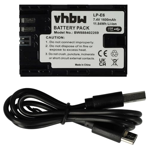 vhbw 1x batería Compatible con Canon empuñadura de batería BG E7, BG 9, BG E6, BG E13, BG E14 (1600 mAh, 7,4 V, Li Ion), con USB C (h)