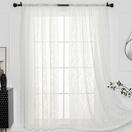 H.ebony Ivory Lace Curtains 63 Inch Length, Country Branch Leaf Scalloped Floral Lace Sheer Curtains For Bedroom, Privacy Vintage Lace Curtain Panels For Windows, 52 X 63 Inch, Light Beige, 1 Pair #TOP6