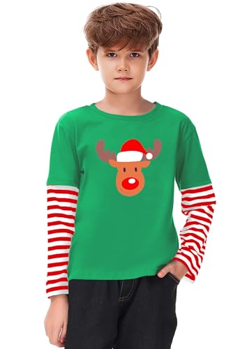 Image of Remimi Unisex Kids Christmas Long Sleeve Shirt Xmas Print Stripe Shirts 2-12 Years