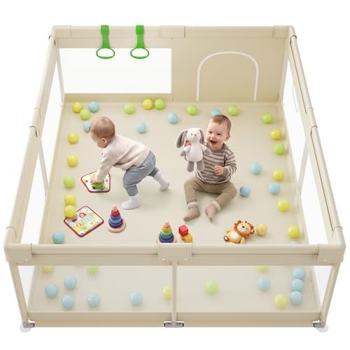 Fodoss Baby Playpen, 59×69in Beige Playpen for Babies and Toddlers, Play Pen for Apartment, Kids Activity Fence, Baby Playard with All-Side Mesh, Pull Rings