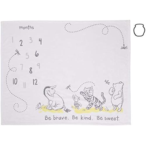 Disney Classic Winnie The Pooh, White, Grey & Lime Super Soft Milestone Baby Blanket, White, Grey, Lime, Charcoal