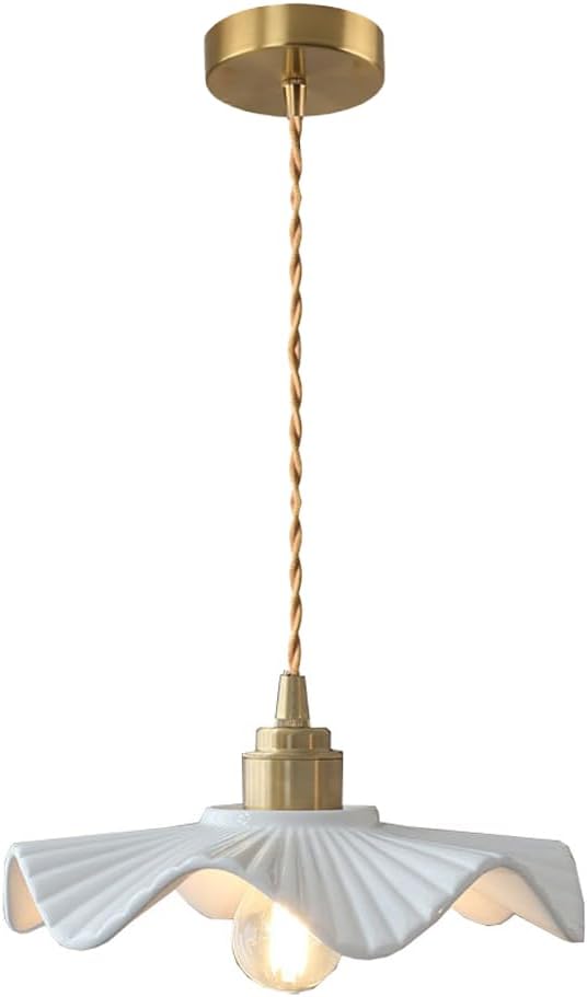 Retro Vintage Style Polished Milk White Ceramic Pendant Lamp Fixture 8.7" Ceramic Shade and Gold Brass Finish with ON/Off Switch Pendant Hanging Light(8.6")