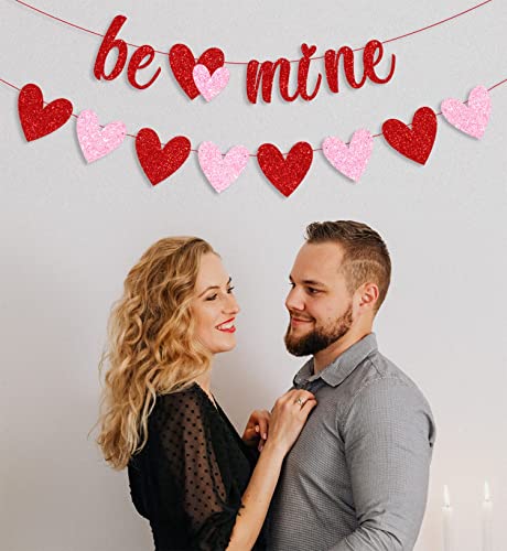 Image of Festiko Kid Red Glittery Be Mine Banner and Red Pink Glittery Hearts Banner Valentine's Day Banner Garland Valentines Day Party Decorations for Valentines Wedding Anniversary Engagement Party Supplies