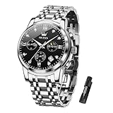 OLEVS Reloj de cuarzo impermeable para hombre, cronógrafo, analógico, de acero inoxidable, esfera funcional con fecha, diamante luminoso, reloj de negocios para hombre, Esfera negra con correa