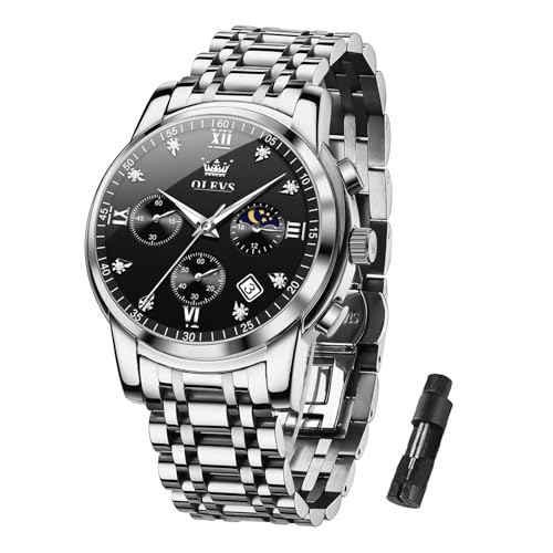 OLEVS Men's Watches Fashion Chronograph Watch Black Silver Stainless Steel Analog Quartz Watch Waterproof Multi-Function Dial with Date Diamond Watches for Men
