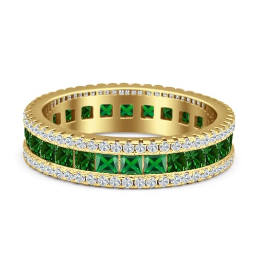 OMRANII Minimalist 4.8mm Three Row Full Eternity Band Round & Princess Cut Cubic Zirconia Rings Classic Style Statement Wedding Bands For Women 925 Sterling Silver Gift For Her2