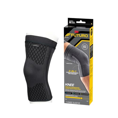 Futuro Premium Compression Knee Sleeve with Stabilizers, Removable Stabilizers, Advanced Customizable Compression Sleeve, for Mild Arthritis, Swelling, Soreness, Sprains, and Strains, Small