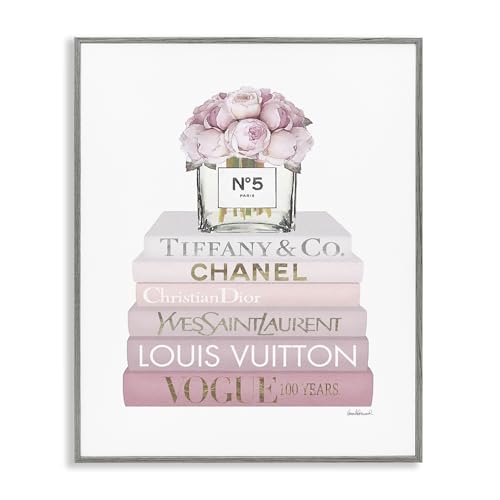 Image of 'Pink Rose Bouquet Bookstack'| Framed Giclee Art | Stupell Industries | Gray, 24 x 30 Inches, Easy to Hang and Sturdy, Made in USA, by Amanda Greenwood