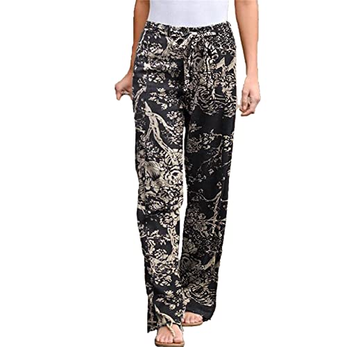 Maiyifu-GJ Women Floral Print Linen Belted Pants Elastic High Waist Printed Hippie Trousers Casual Beach Wide Leg Lounge Pant (Black 1,4X-Large)