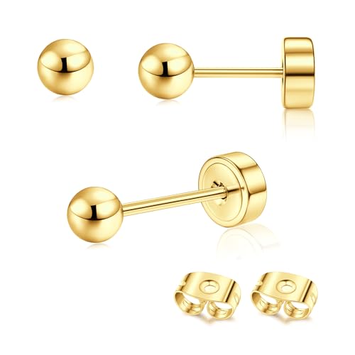 G23 Titanium Hypoallergenic Earrings for Women Men Threadless Flat Back Earrings Gold Silver Earrings Studs Flatback Tiny 2mm/3mm/4mm CZ Ball Dot Cartilage Earring Tragus Helix Piercing Jewelry