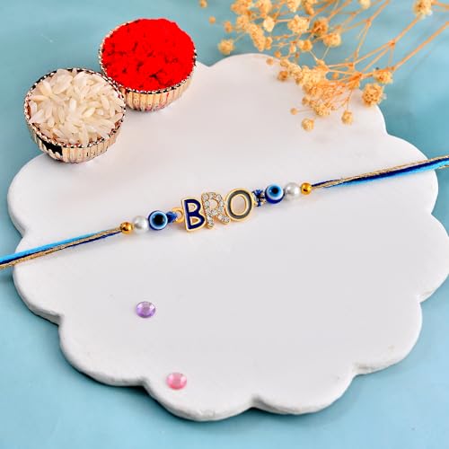 Image of BRO Kids Rakhi for Brother | Stylish Evil Eye Rakhi for Boys, Bhai, Bhaiya | Raksha Bandhan Rakhi Gift Combo Set with Best Bro Ever Fridge Magnet & Roli Tilak Pack for Brother Gift Set Rakhi