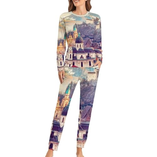 Pyjama femme manches longues Ville De L'aquarelle pour vos soirées cocooning et nuits douces