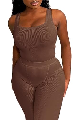 Licobod Lounge Wear Casual Workout Sets 2 Piece Outfits For Women Ribbed Crop Tank Top High Waist Leggings Tank Top Tracksuit #TOP3